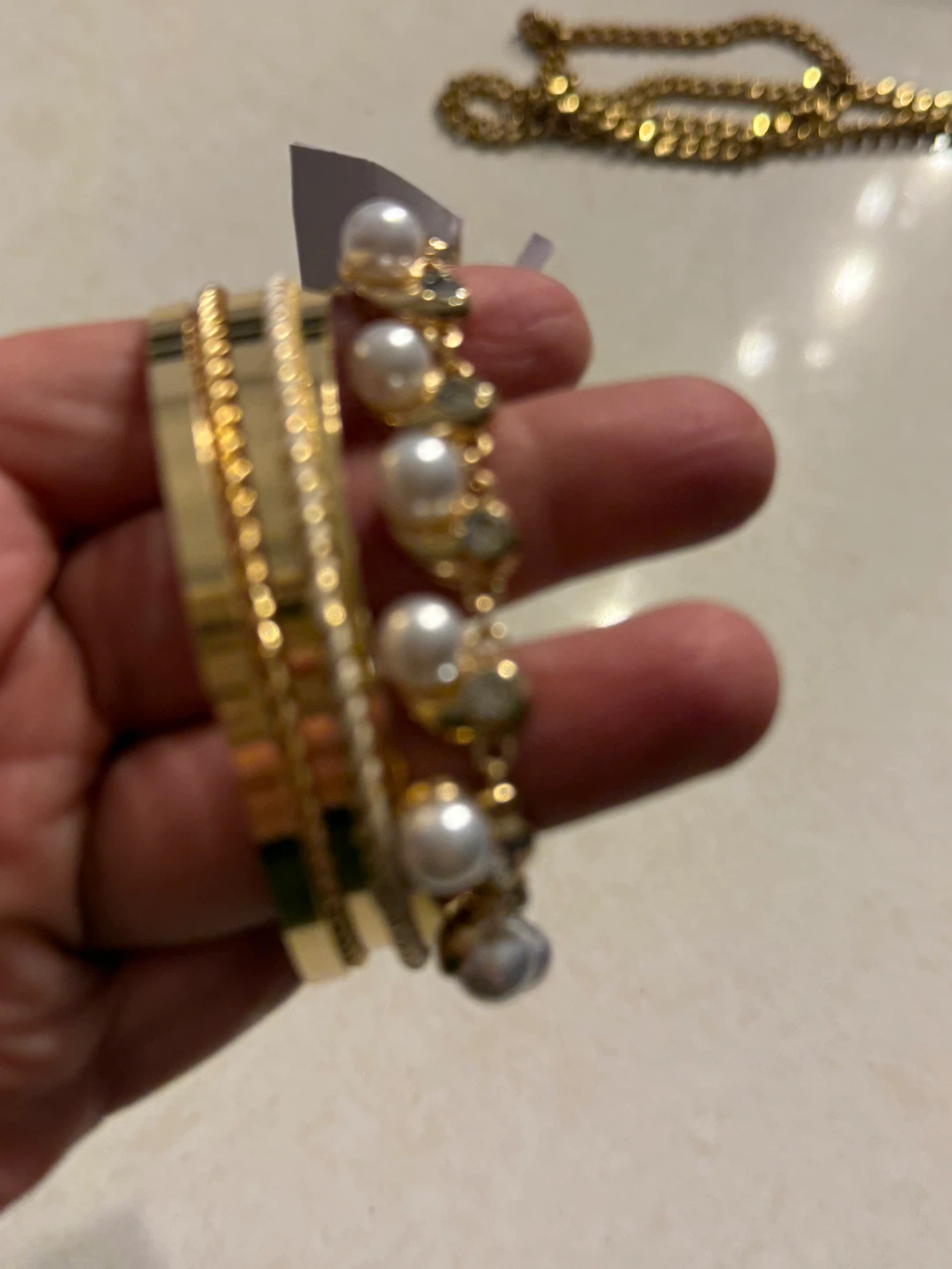 Gold Tone Bracelets with Faux Pearls and Rhinestones - photo 3