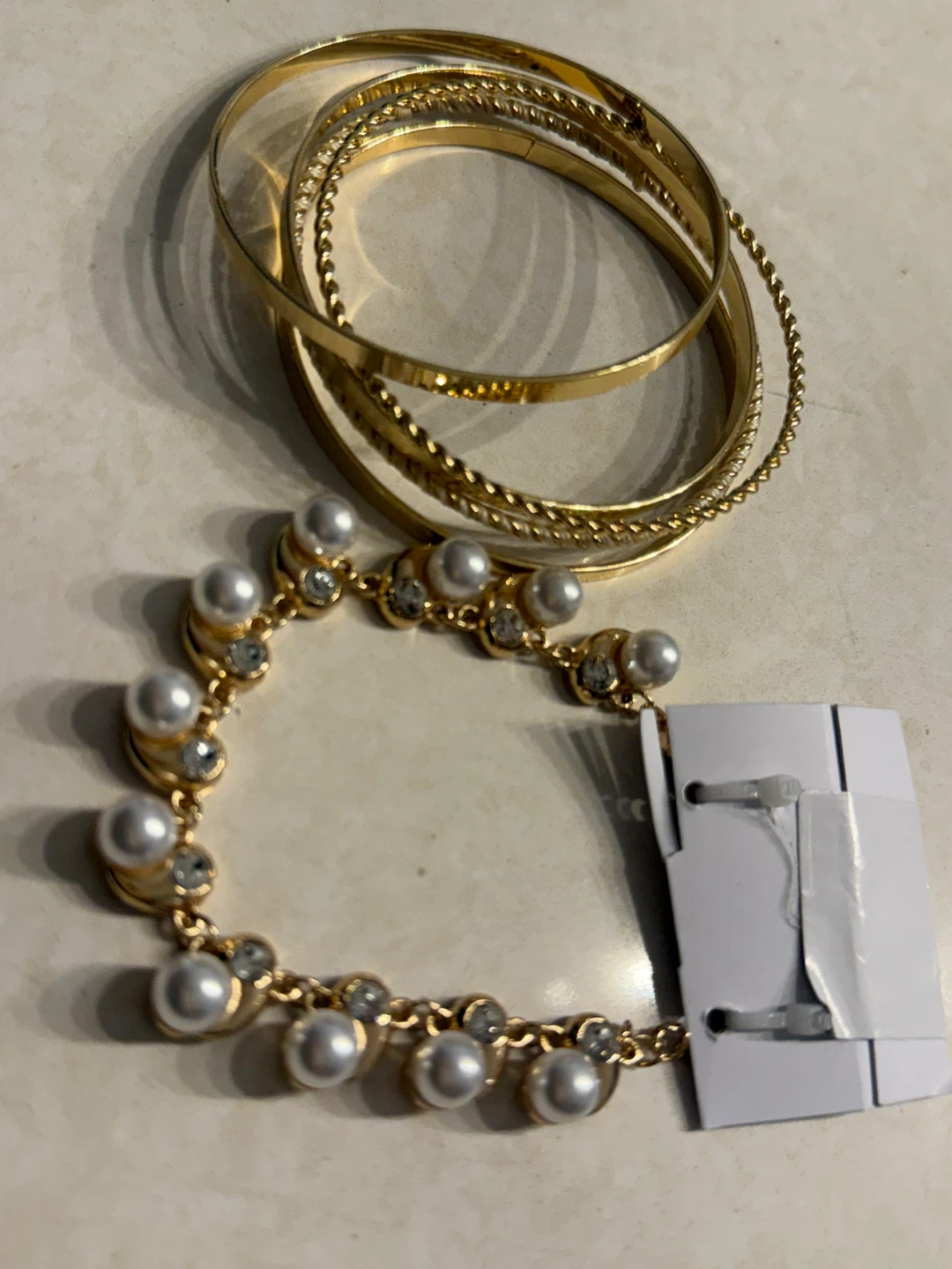 Gold Tone Bracelets with Faux Pearls and Rhinestones - photo 4