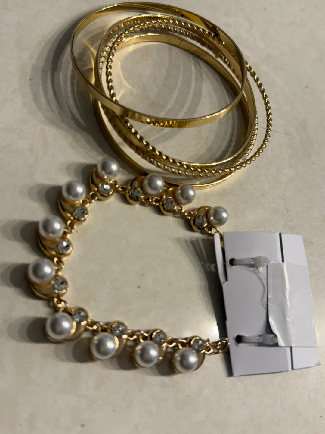 Gold Tone Bracelets with Faux Pearls and Rhinestones