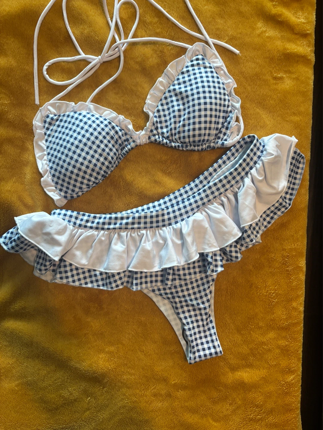 Blue Gingham Bikini with Ruffles - Size Medium