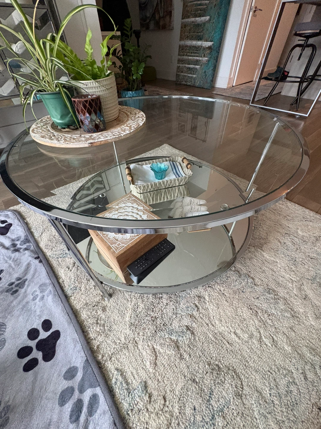 Round Glass Coffee Table with Mirrored Shelf
