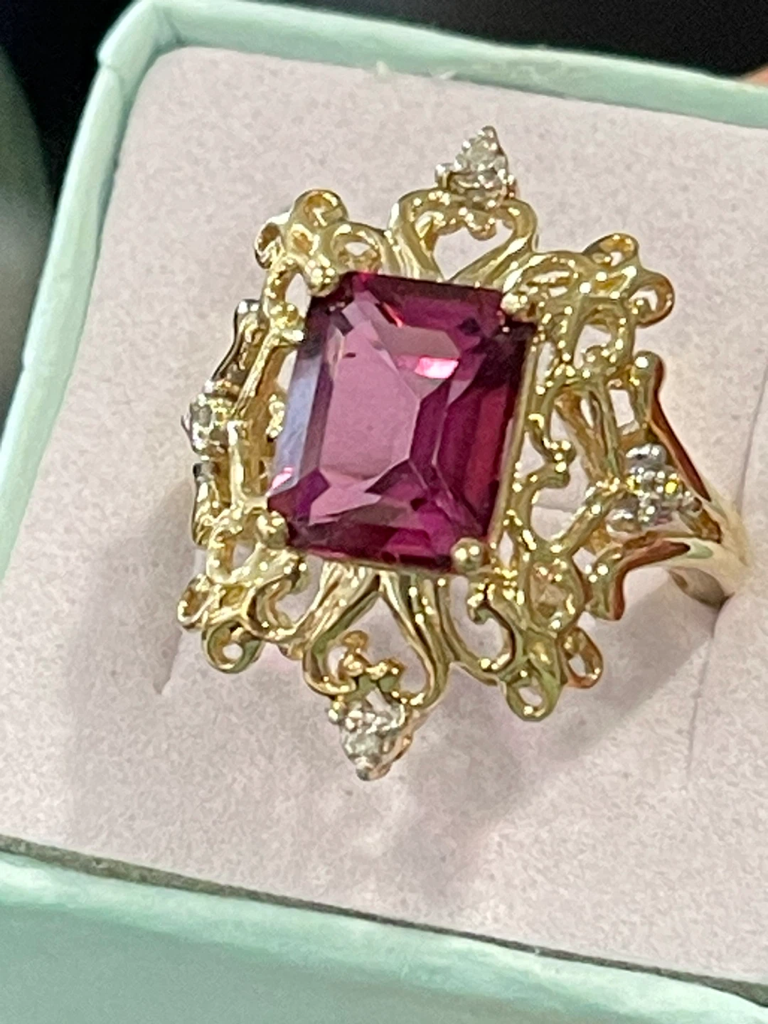 10k solid gold  emerald cut Turmaline ,diamonds