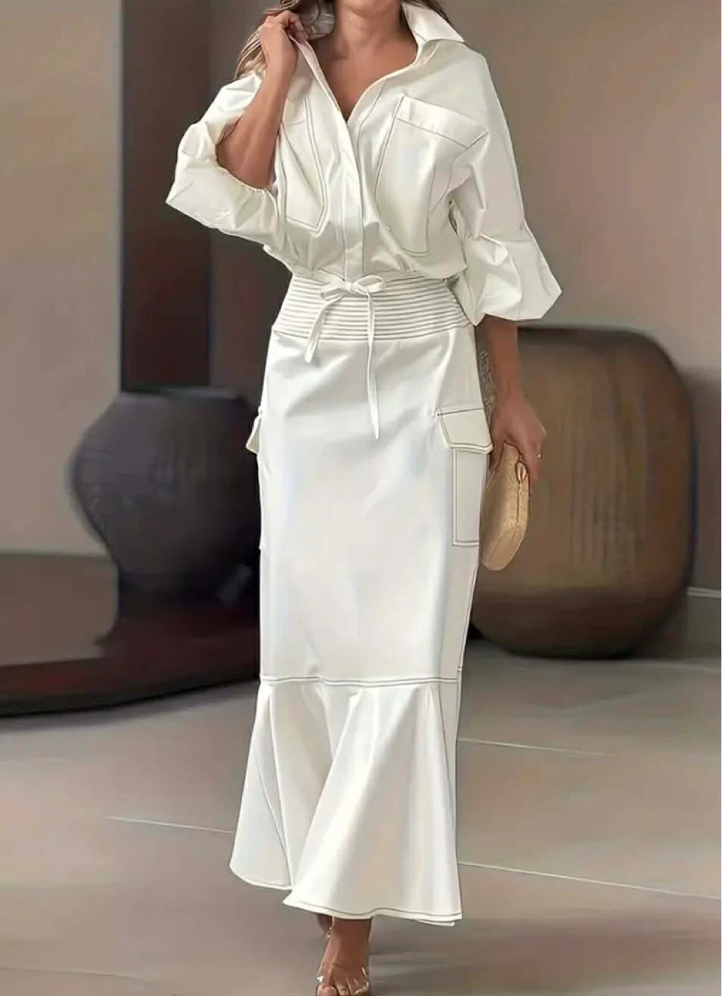 White Button-Up Shirt and Maxi Skirt Set