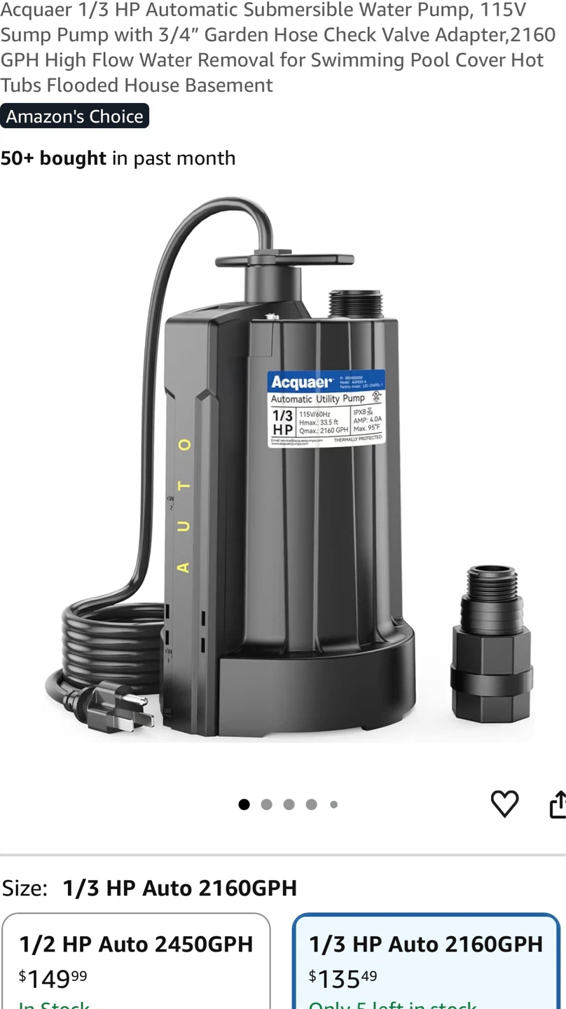 1/3 HP Automatic Submersible Water Pump, 2160 GPH SS2