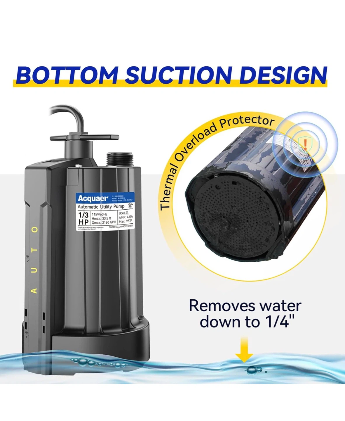 1/3 HP Automatic Submersible Water Pump, 2160 GPH SS2 - photo 5