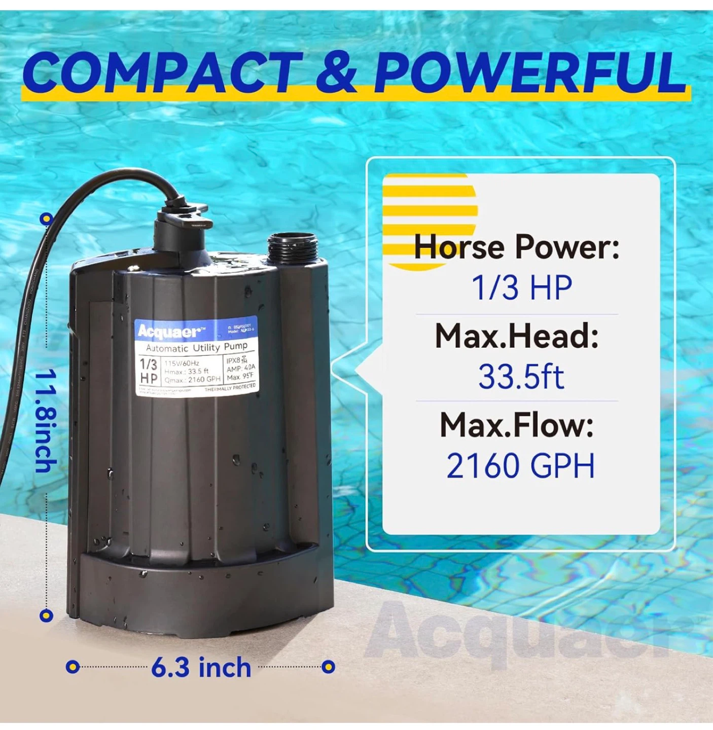 1/3 HP Automatic Submersible Water Pump, 2160 GPH SS2 - photo 2