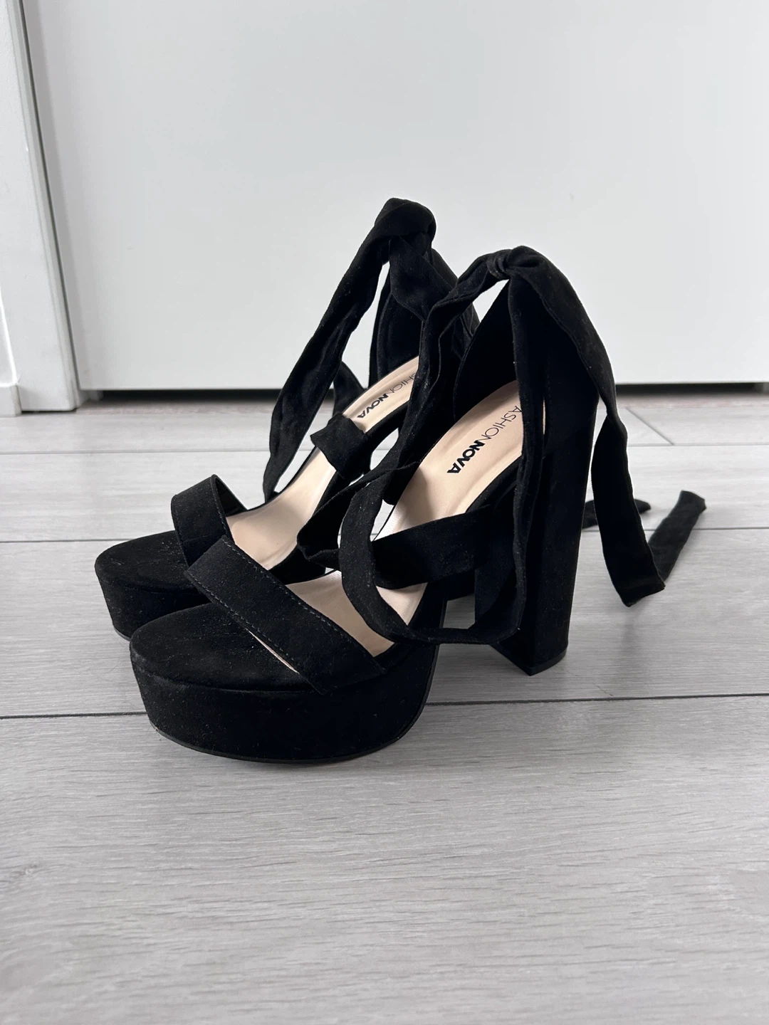 Fashion Nova Black Suede Platform Lace-Up Heels