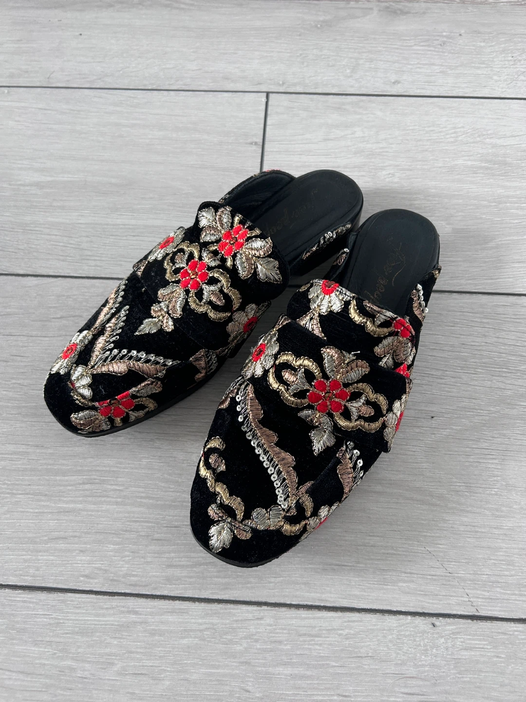Free People Embroidered Velvet Mules Black Red Gold Floral Shoes