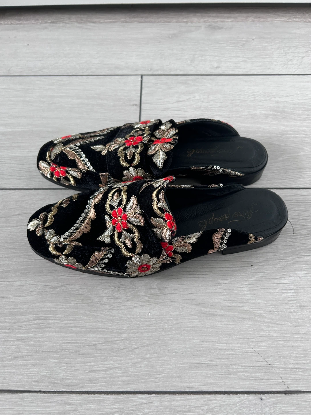 Free People Embroidered Velvet Mules Black Red Gold Floral Shoes - photo 2