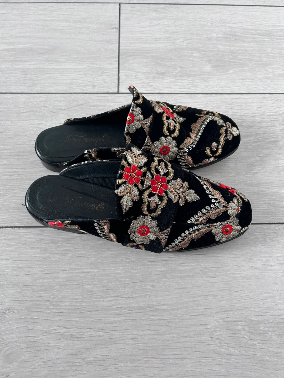 Free People Embroidered Velvet Mules Black Red Gold Floral Shoes - photo 4