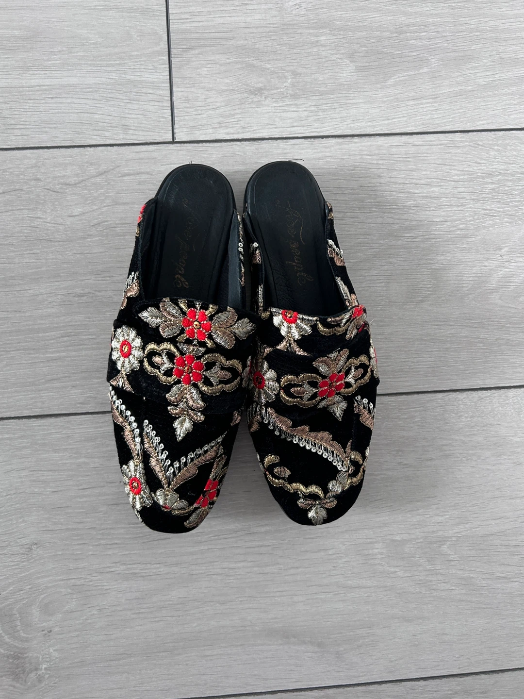 Free People Embroidered Velvet Mules Black Red Gold Floral Shoes - photo 5