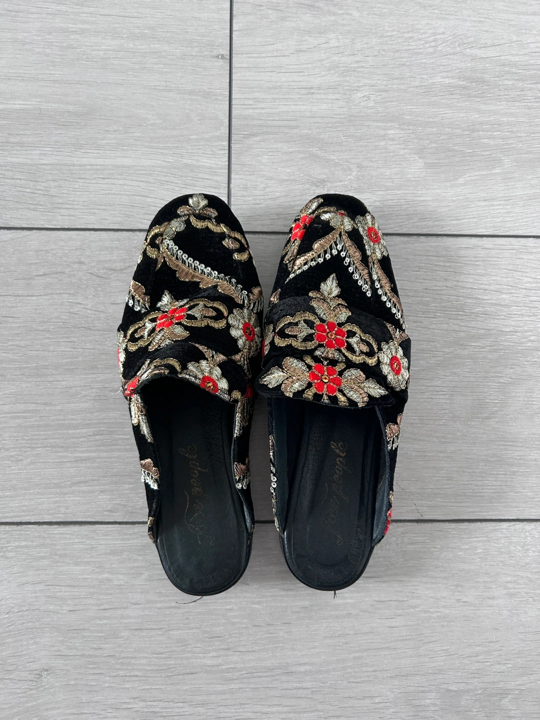 Free People Embroidered Velvet Mules Black Red Gold Floral Shoes - photo 3