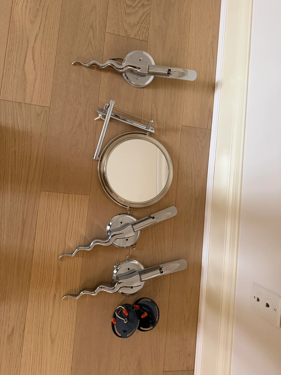 Set of 3 Chrome Wall Sconces with Magnifying Mirror