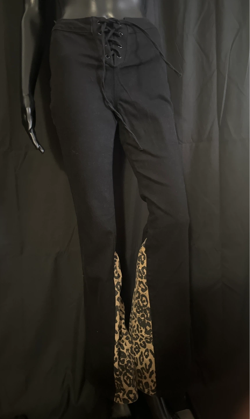 Black Lace-Up Flare Pants with Leopard Print Inset