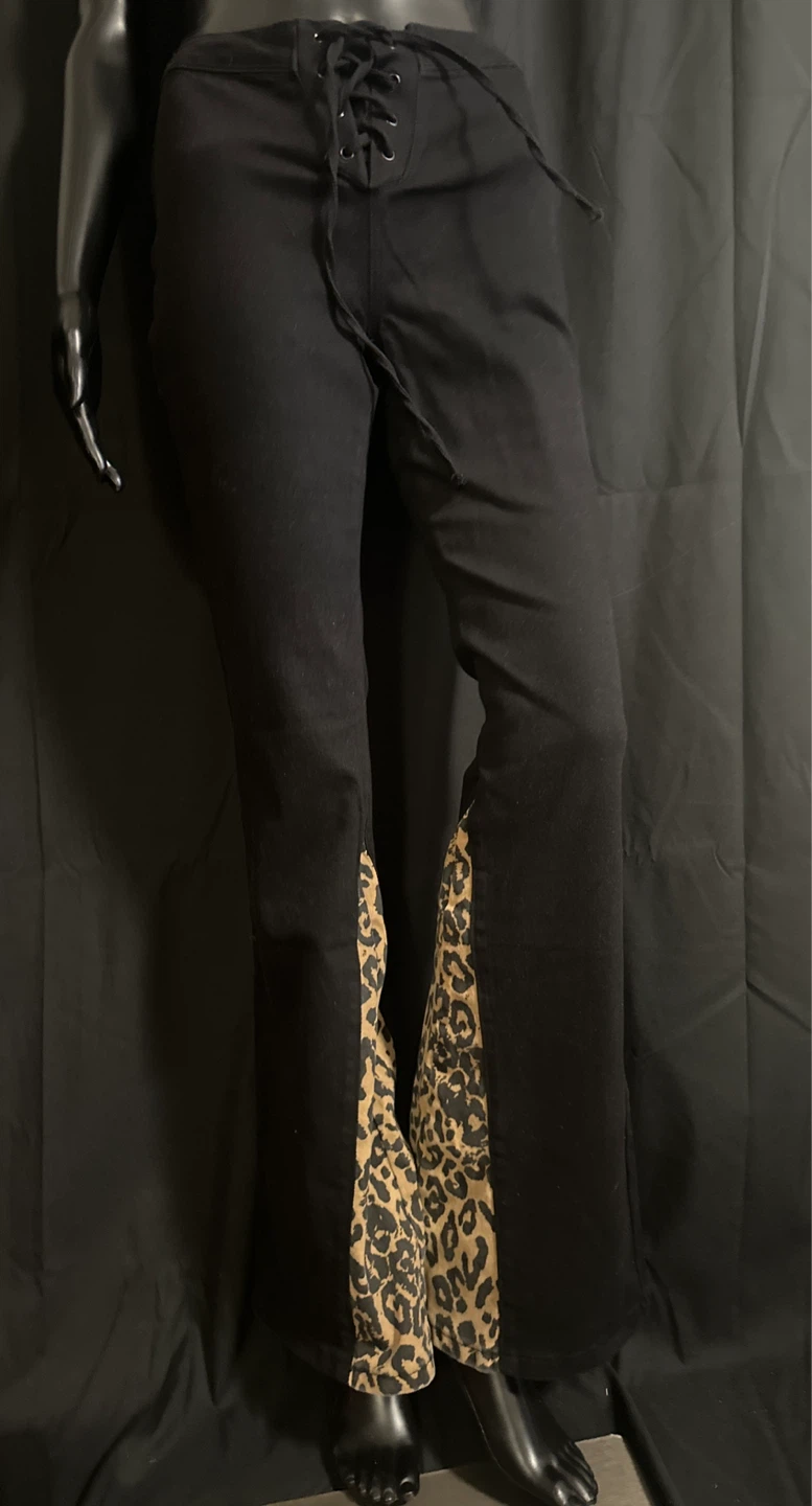 Black Lace-Up Flare Pants with Leopard Print Inset - photo 2