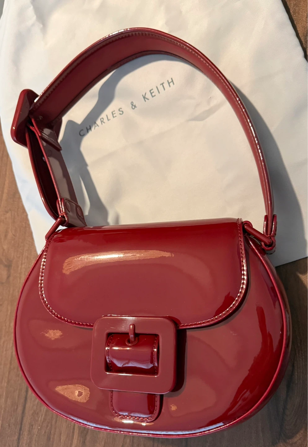 Charles & Keith Lula Patent Buckled Bag - Red, Medium
