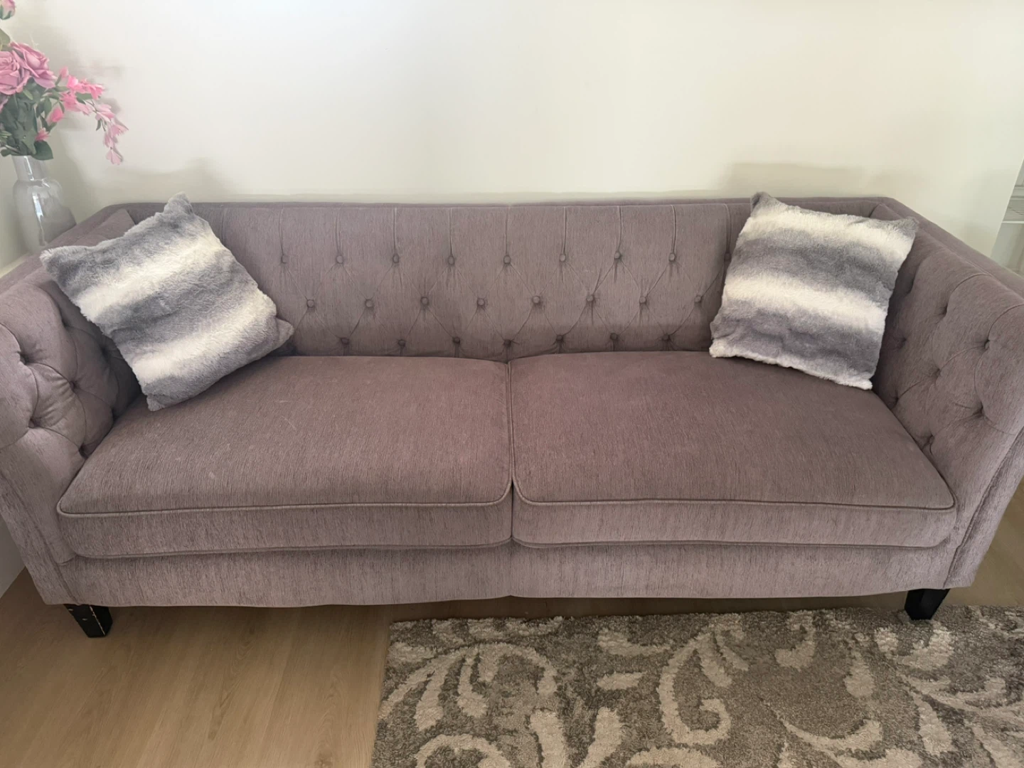 Grey Tufted Sofa with Accent Pillows