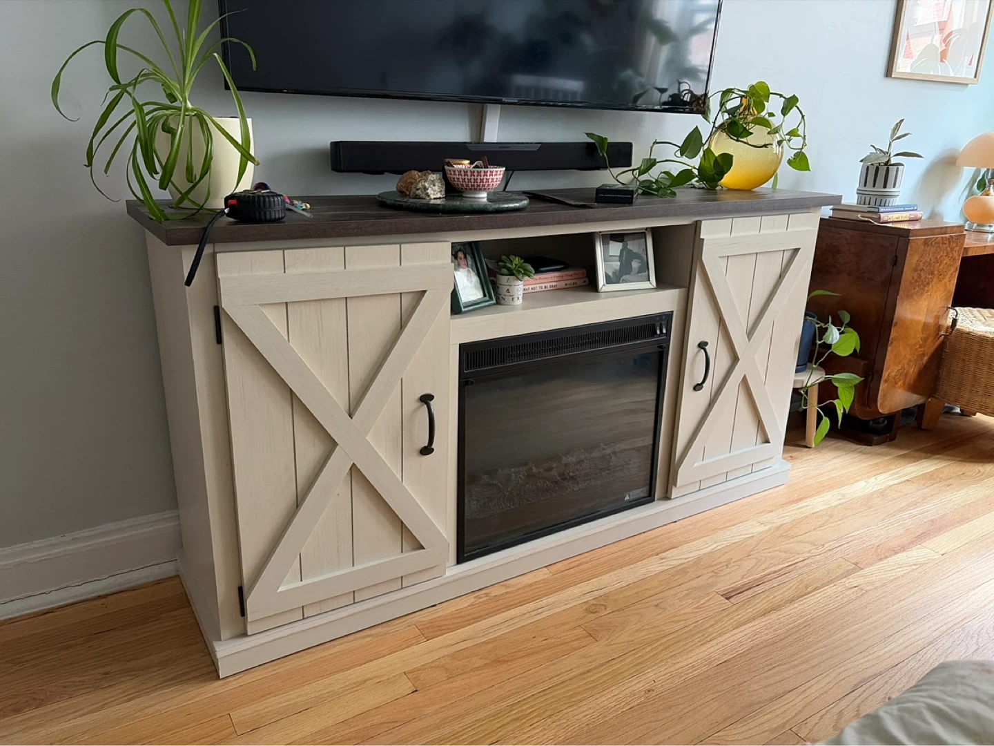 Farmhouse TV stand with fire place and storage
