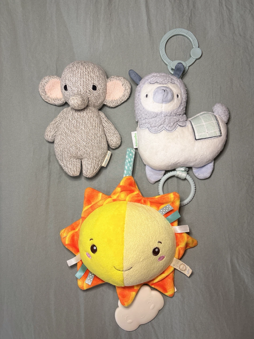 Cuddle + Kind elephant, Ingenuity Sun & Llama Stroller Toys