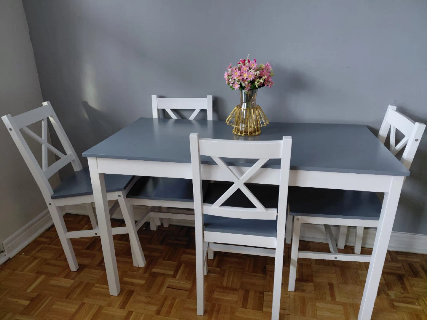 Grey and White Dining Table Set with 4 Chairs