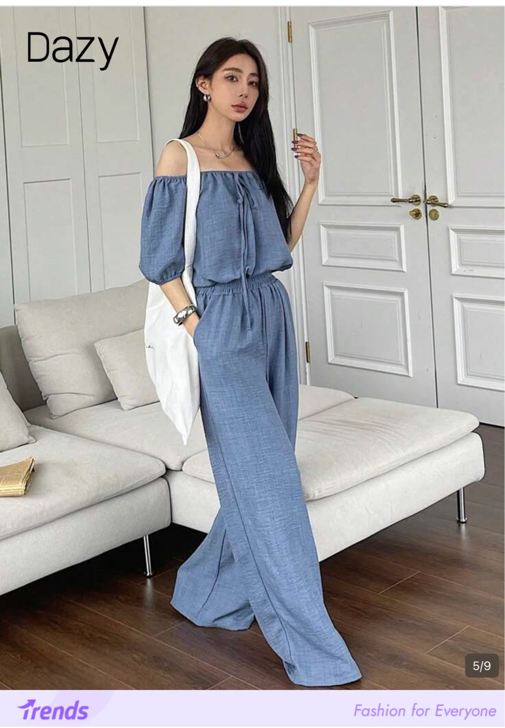 Blue Puff Sleeve Off-Shoulder Jumpsuit