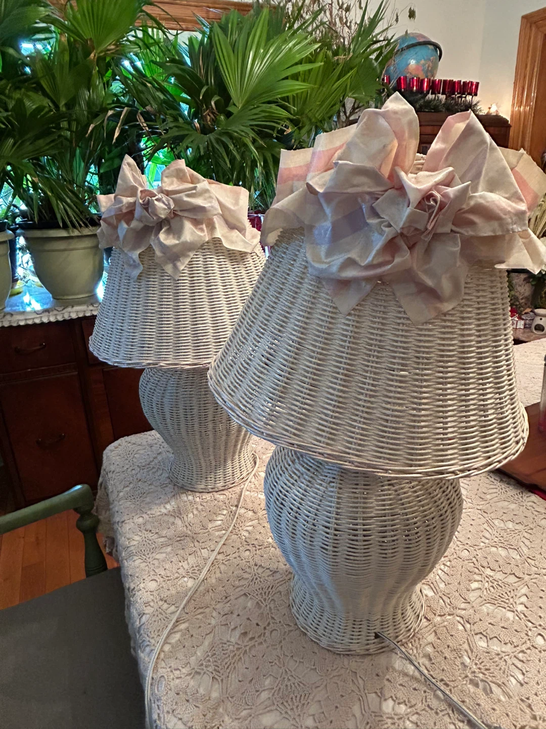 Vintage White Wicker Lamps with Pink Bows (Pair)