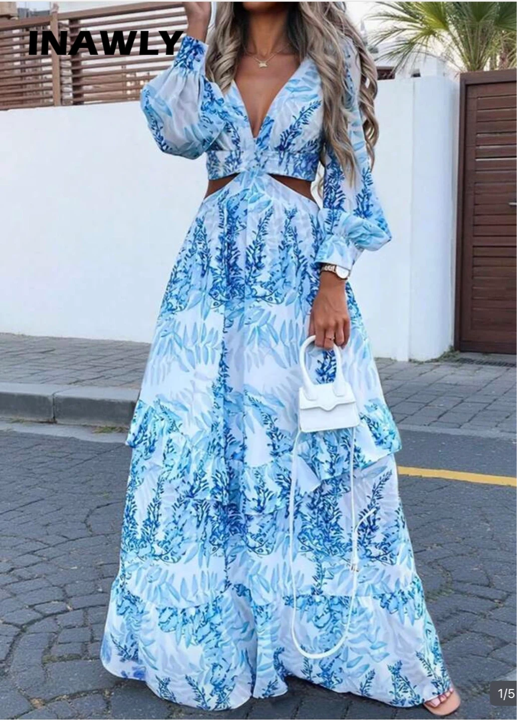 Blue Floral Maxi Dress with Cut-outs