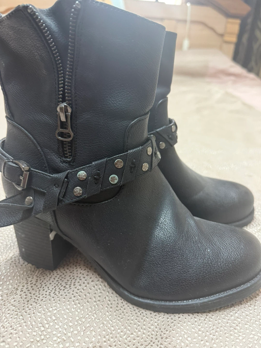 Black Faux Leather Biker Boots with Studded Strap