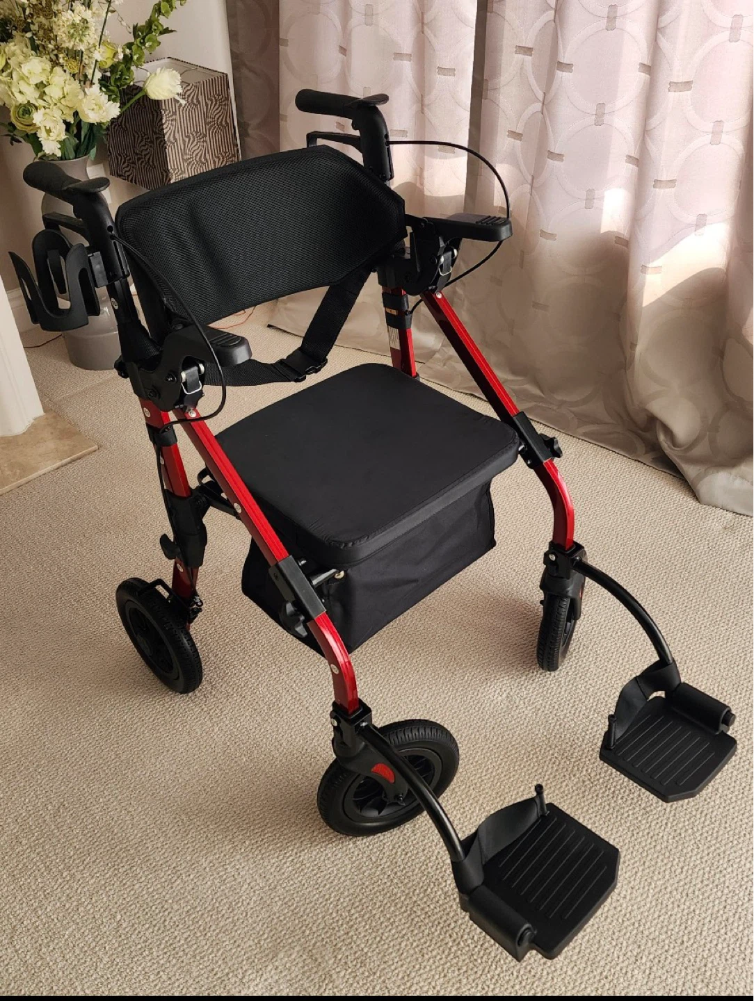 Red and Black Walker with Seat and Footrests