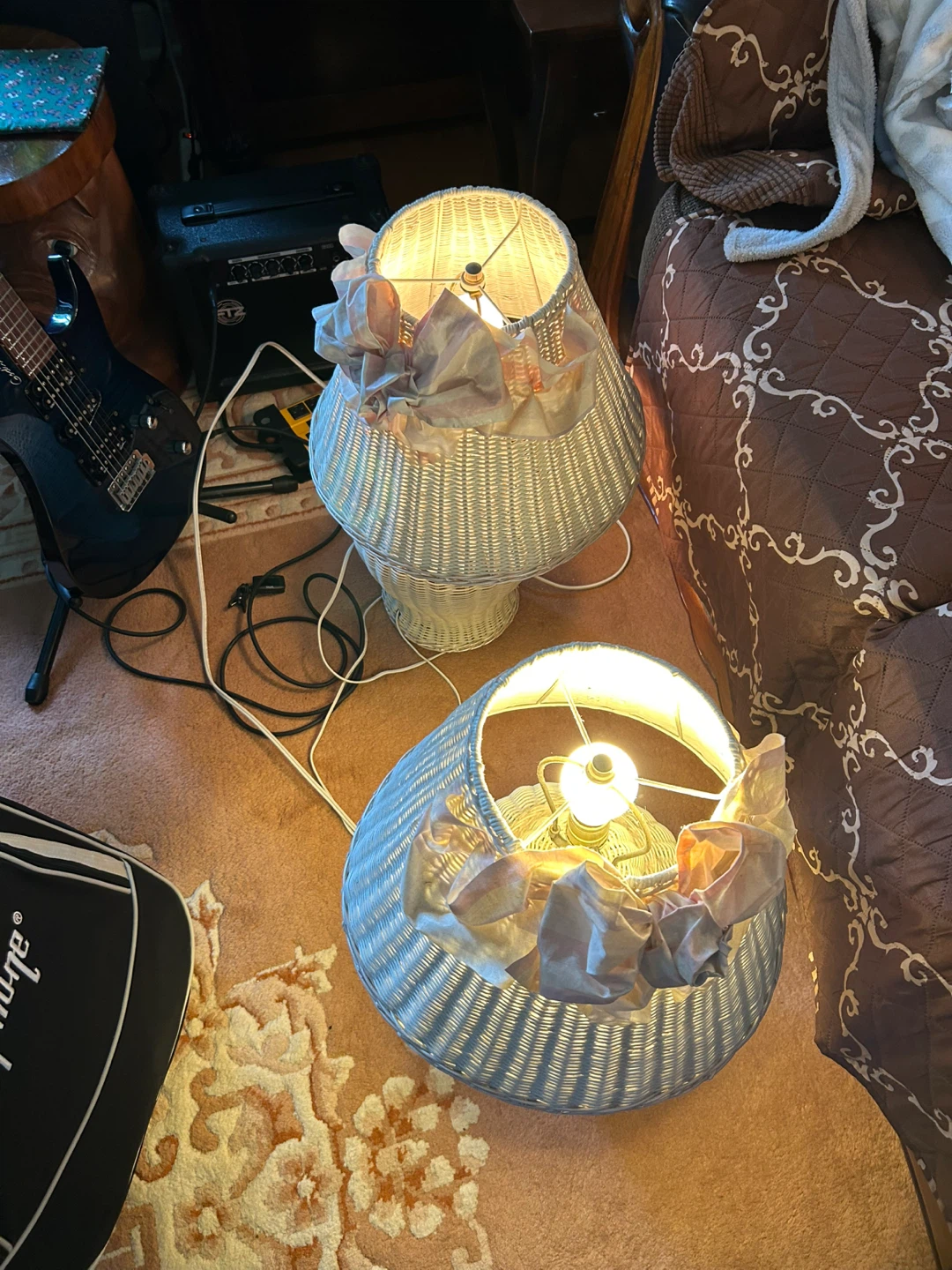 Vintage White Wicker Lamps with Pink Bows (Pair) - photo 2