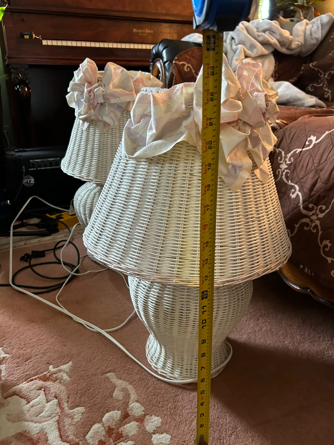 Vintage White Wicker Lamps with Pink Bows (Pair) - photo 3