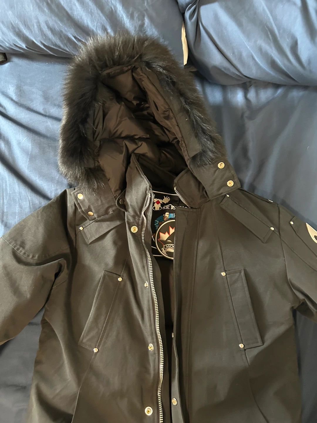 Moose Knuckles Black Puffer Jacket with Fur Hood Size L