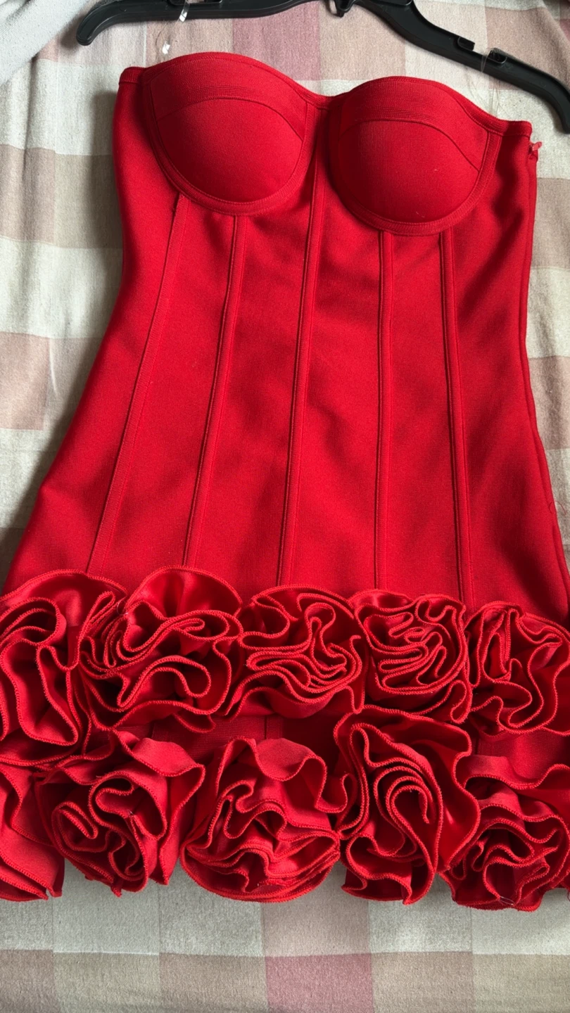 Red Strapless Dress with Rose Hem