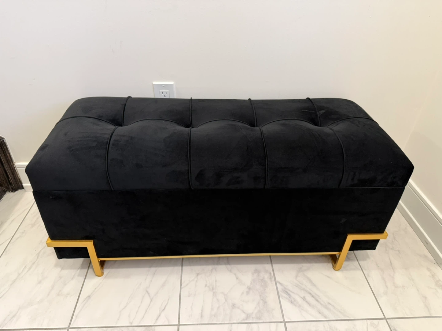 Black Velvet Storage Ottoman Bench with Gold Legs