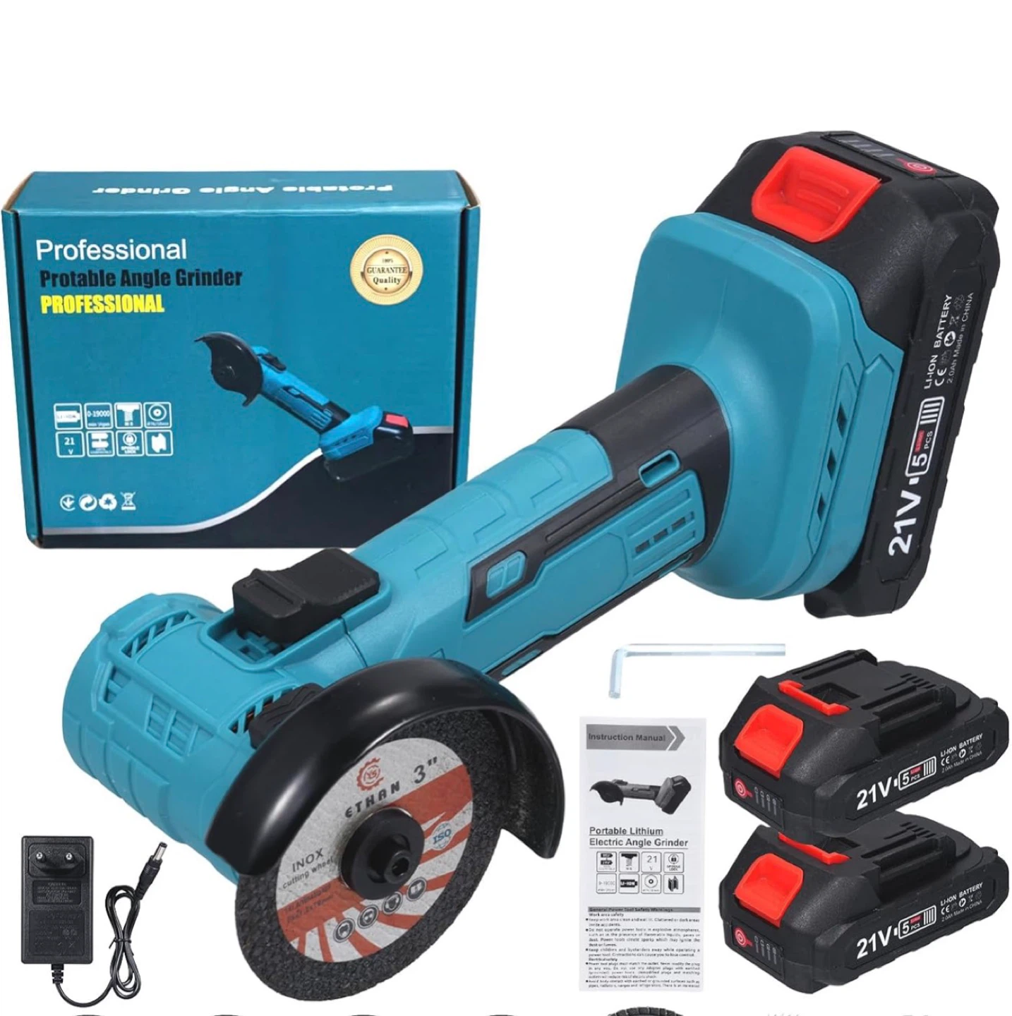 21V Cordless Angle Grinder with 2 Batteries and Charger