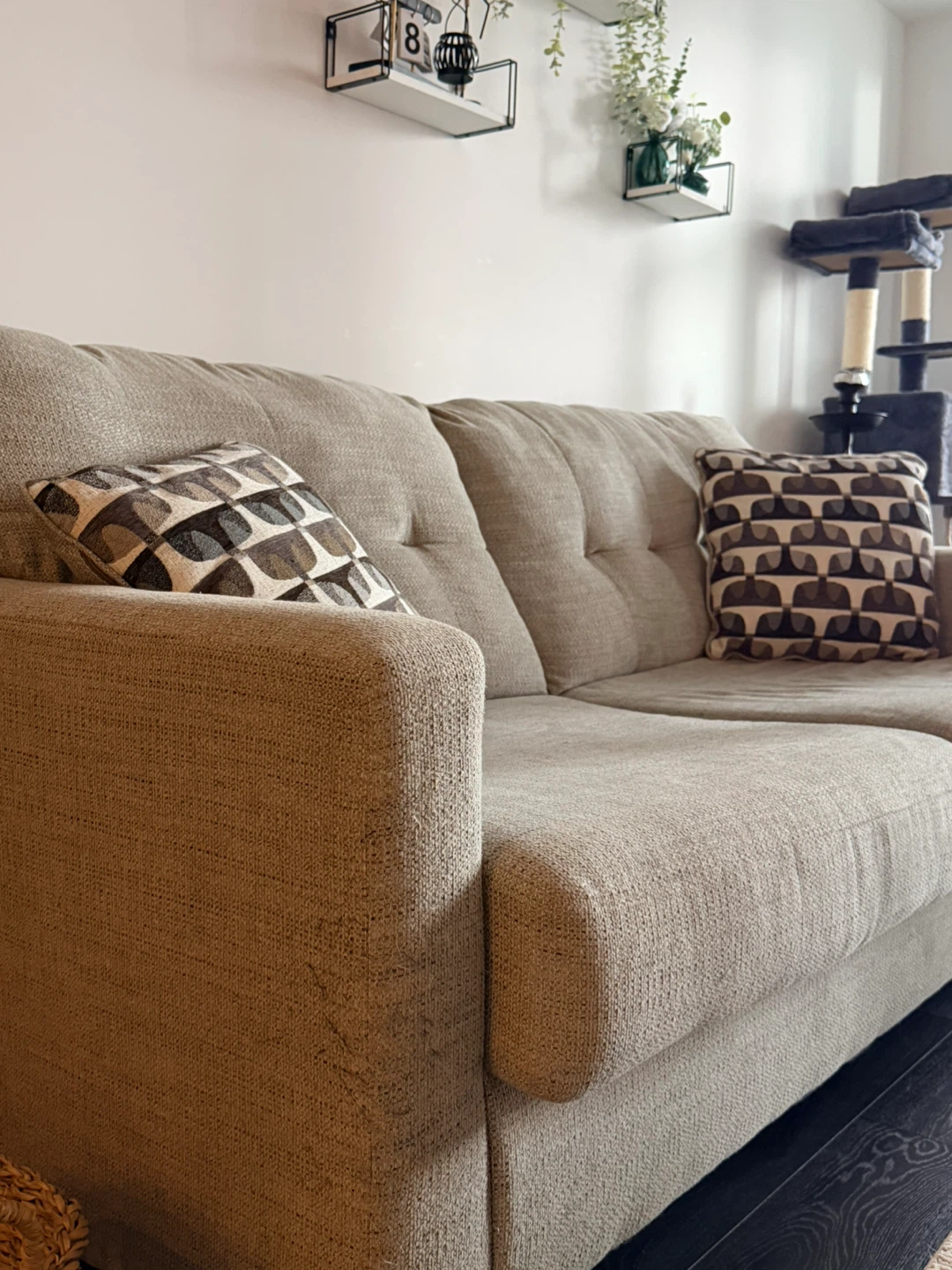 Light Beige Sofa from Ashley with Patterned Accent Pillows