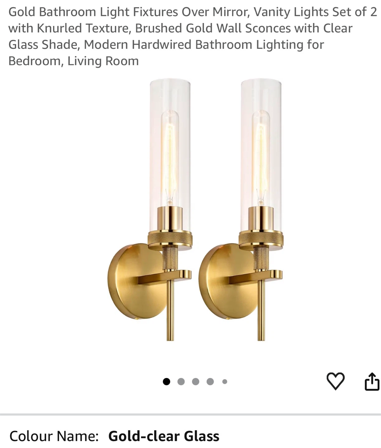 Set of 2 Gold Vanity Lights with Clear Glass Shades G2B