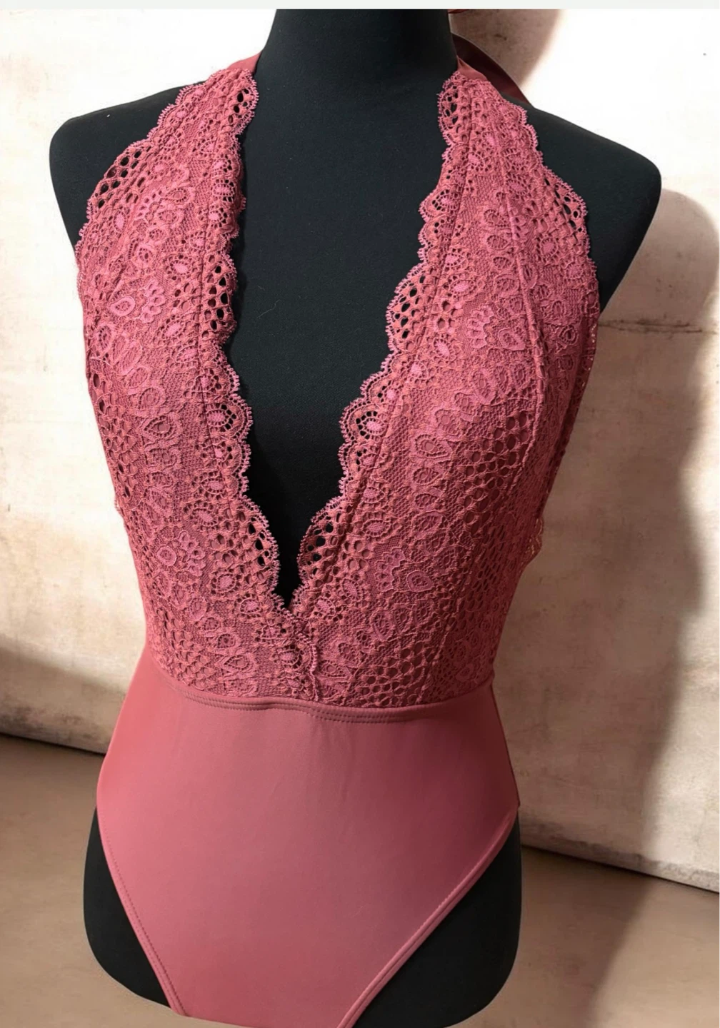 Xhilaration Women's Mauve Lace Halter One-Piece Swimsuit Size S