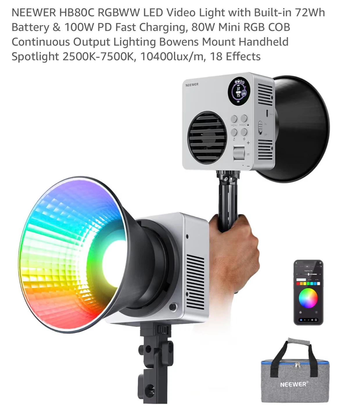 Neewer HB80C RGBWW LED Video Light with Built-in Battery