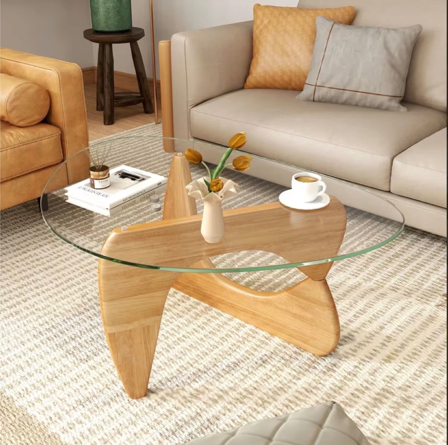 Glass Top Coffee Table with Wood Base