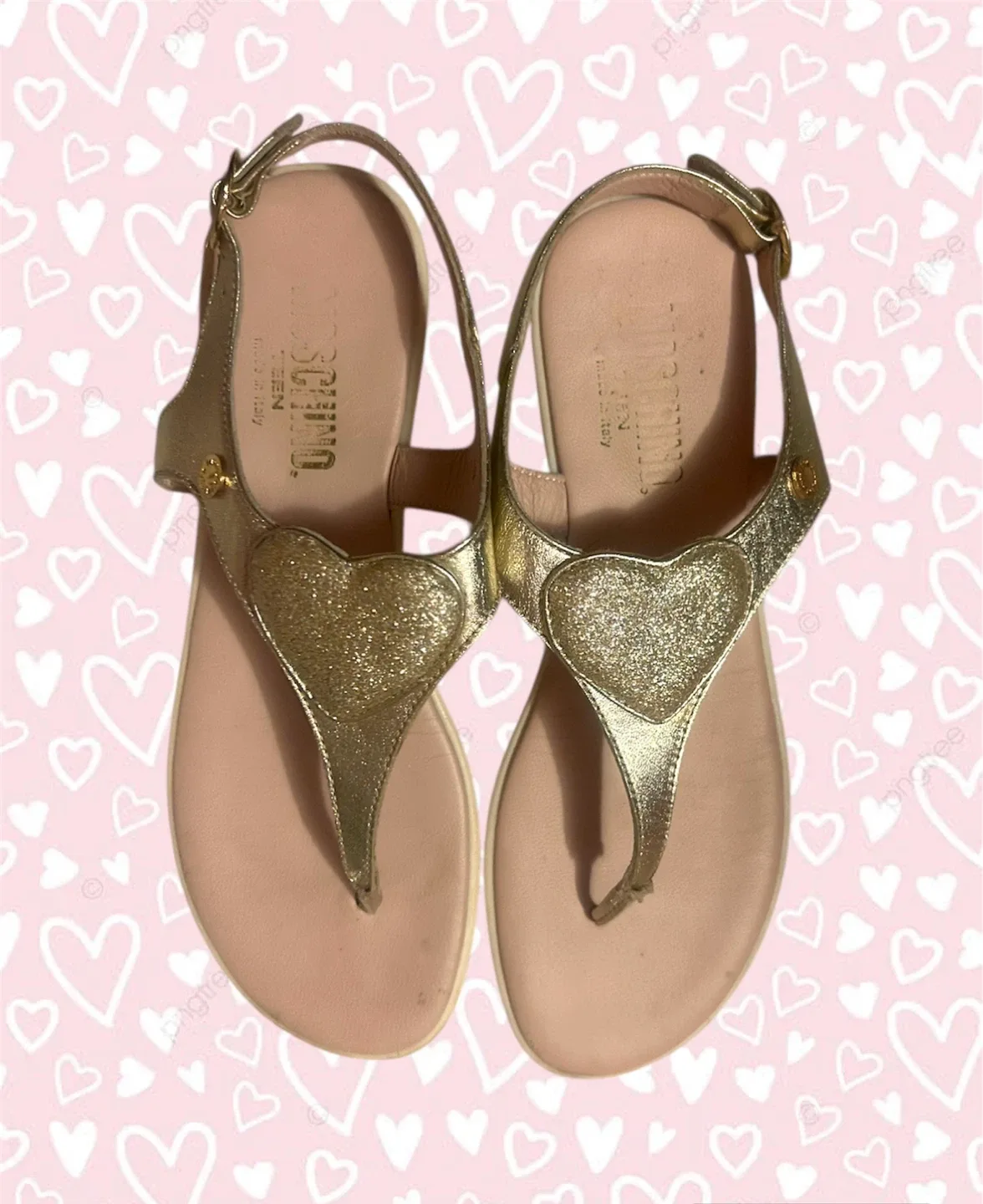 MOSCHINO GOLD GLITTER HEART THONG SANDALS