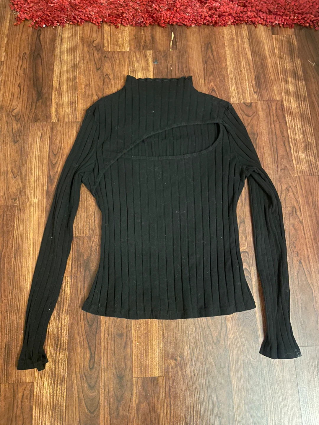 Black Ribbed Cut-out Mock Neck Long Sleeve Top - photo 2