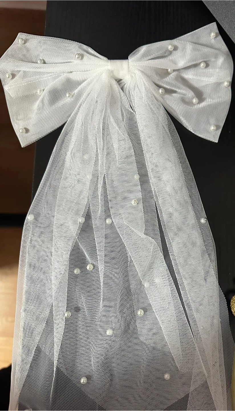White Tulle Bow Hair Clip with Faux Pearls
