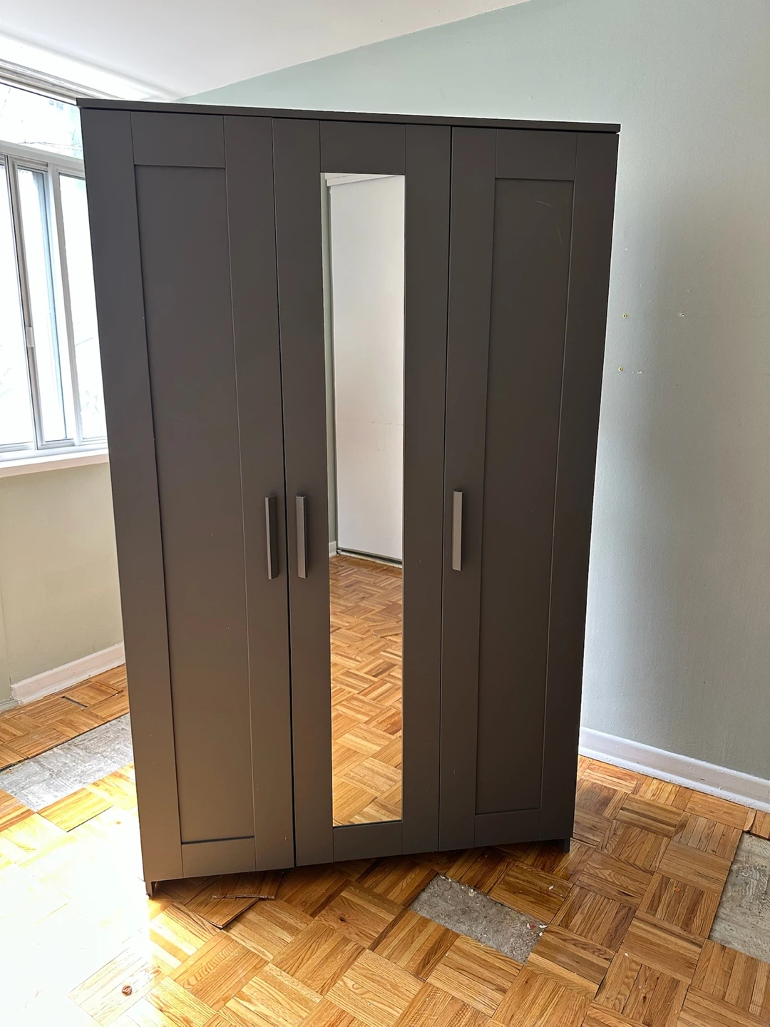 Dark Grey 3-Door Wardrobe with Mirror