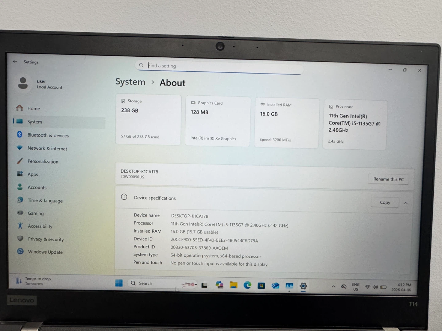 Lenovo ThinkPad T14 Laptop - 11th Gen Intel Core i5 - photo 2