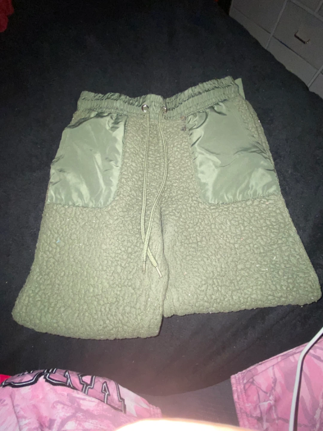 Olive Green Sherpa Fleece Shorts