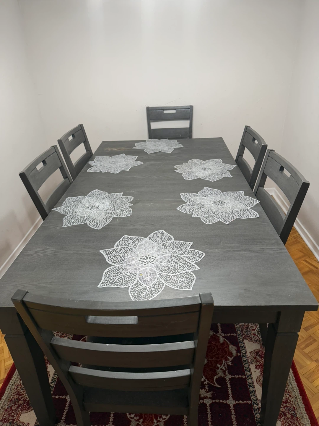 Grey Dining Table with 6 Chairs and Placemats
