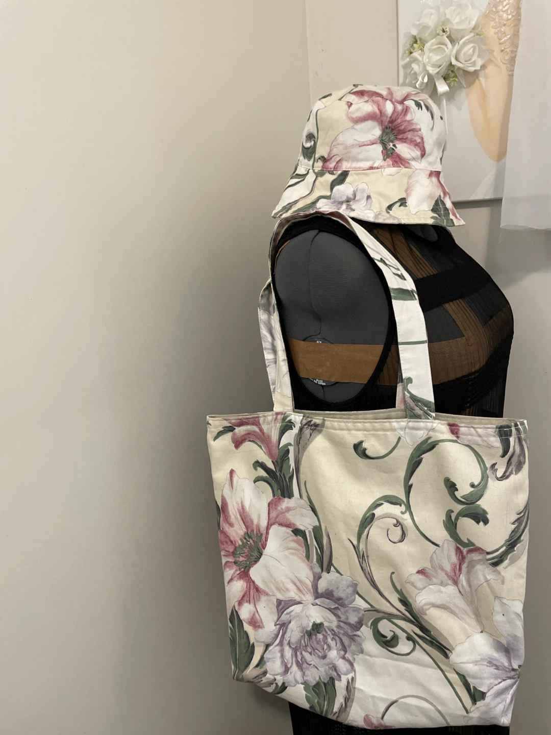 Floral Print Bucket Hat and Tote Bag Set