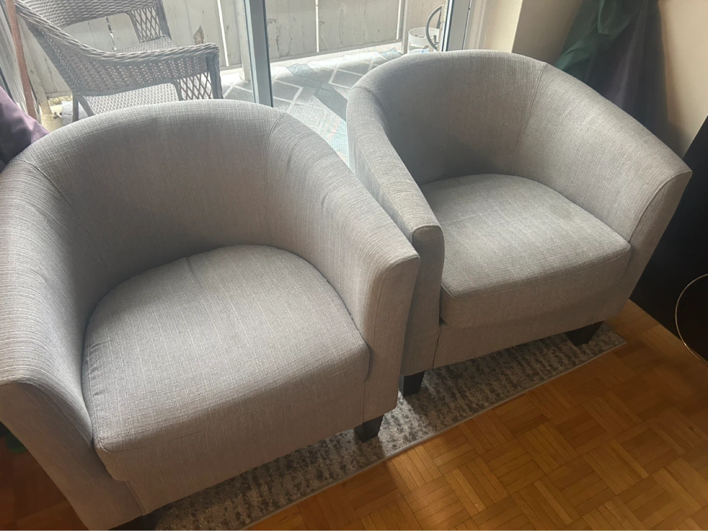 Set of 2 Grey Barrel Chairs from Leon’s $40 for both