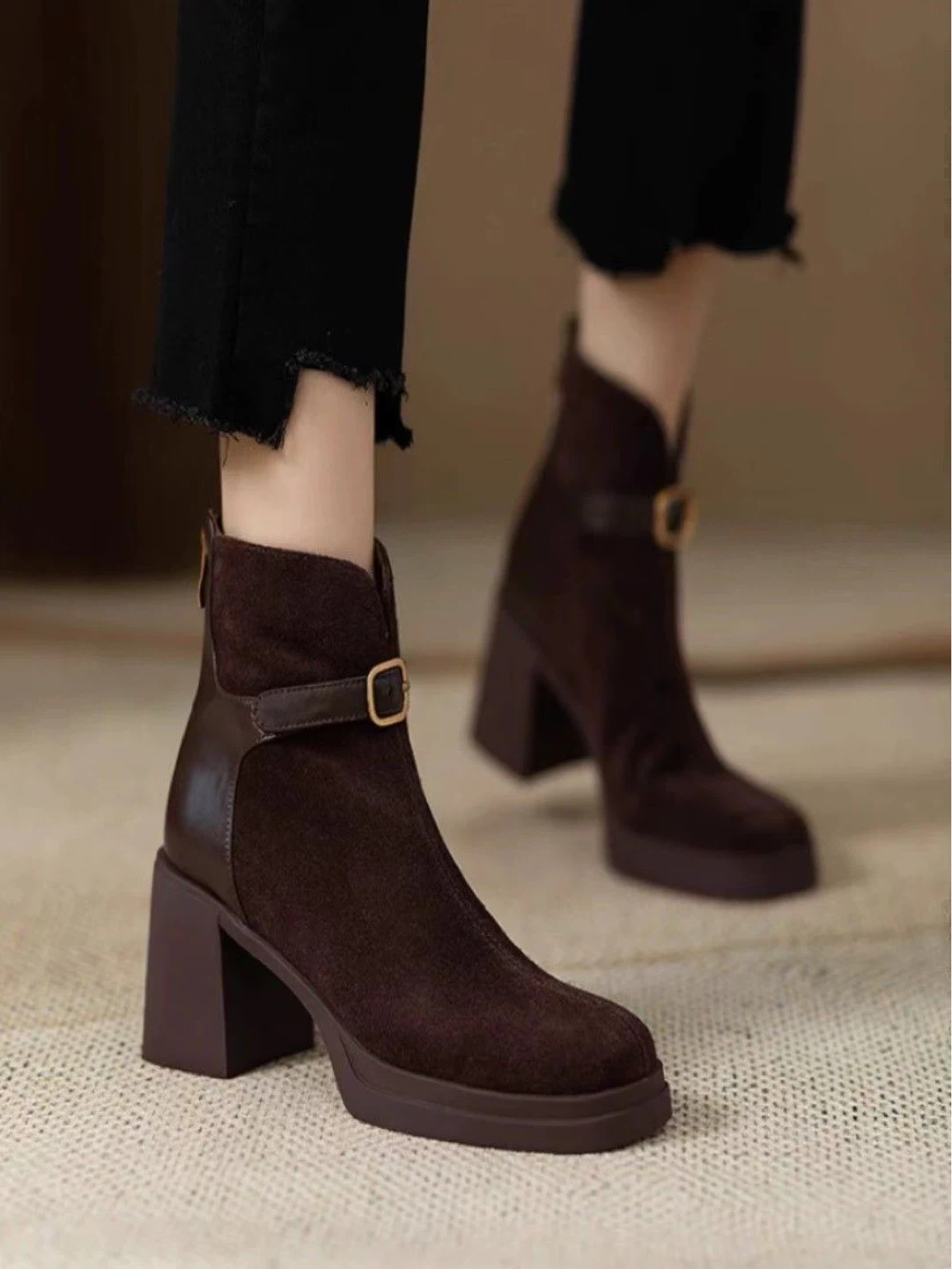 Brown Suede Ankle Boots with Buckle Detail - size 38